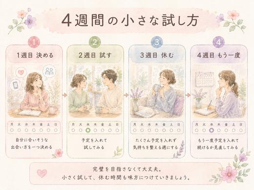 4週間で接点を一つ試し休みながら振り返る流れを示したカレンダー風の図