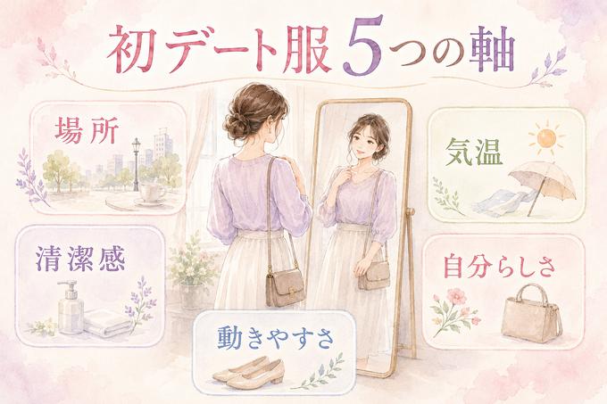 初デートの服装を選ぶ5つの基準を示した図解