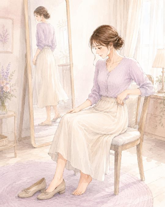 初デートの服を着て椅子に座り動きやすさを確認する女性