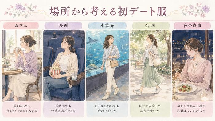 初デートの場所別に服装選びのポイントを整理した図解