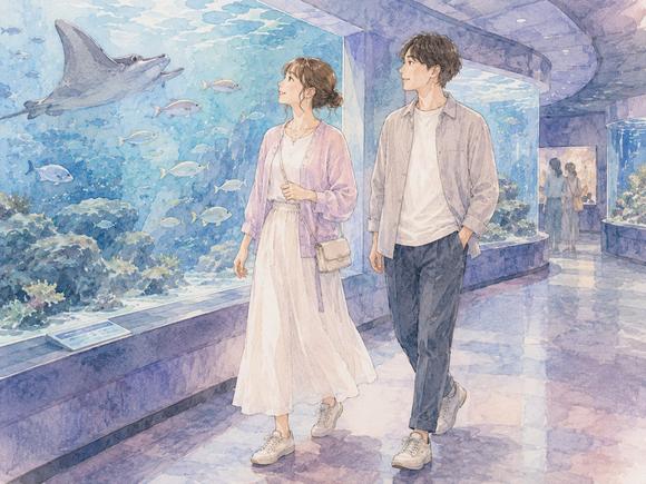 水族館を歩きながら展示を見る初デート中の女性