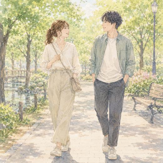 歩き慣れた靴で公園を散歩する初デート中の女性