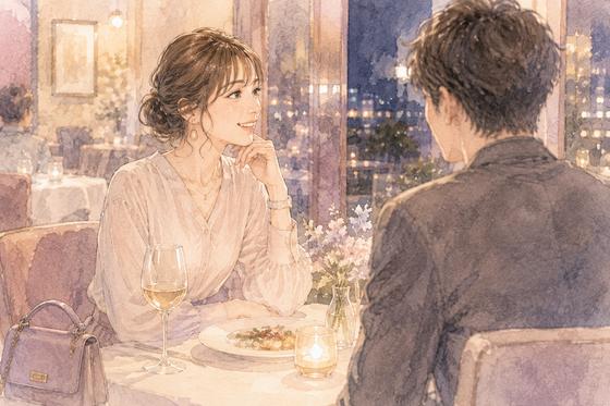 落ち着いたレストランで初デートを楽しむきれいめな服装の女性