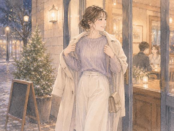 冬の初デートで暖かいアウターを脱いで店内へ入る女性