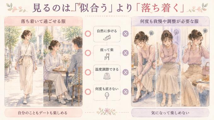 初デートで落ち着ける服と落ち着かない服を比較した図解