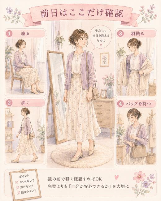 初デート前日に服装と動きを確認する手順の図解