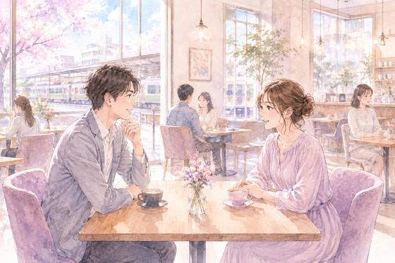 人目のある落ち着いたカフェで自然に会話する初デートの男女