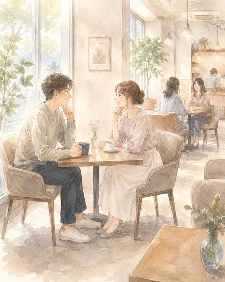 席間にゆとりがあり混雑しすぎていないカフェで話す男女