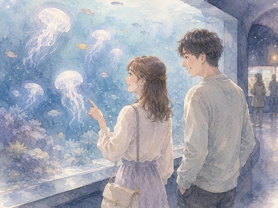 水族館の水槽を見ながら自然に会話する初デートの男女