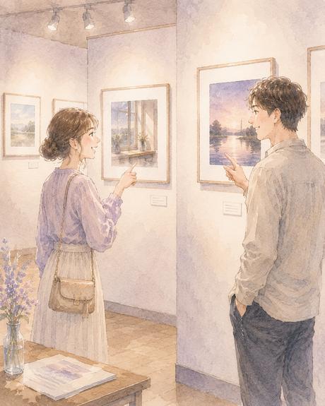美術館で別々の作品に興味を示しながら感想を話す男女