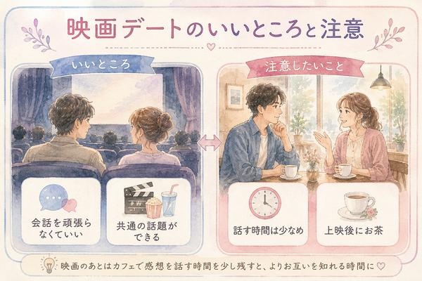 映画デートのメリットと注意点を比較した図解