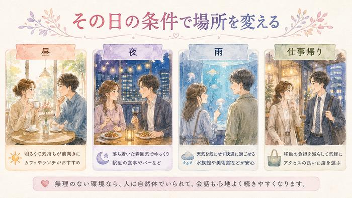 昼、夜、雨、仕事帰りで初デート場所を変える考え方の図解