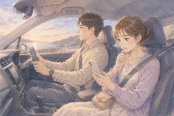 長距離ドライブ中に帰宅時間を気にする女性と運転する男性