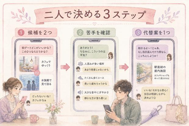 初デートの候補を二つに絞って相手と相談する流れの図解