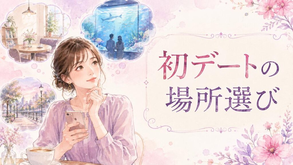 初デートの場所を考えながらカフェや水族館などの候補を思い浮かべる女性
