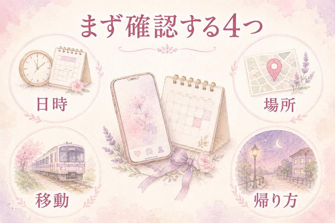初デート前に確認する日時、場所、移動、帰り方の4項目を整理した図