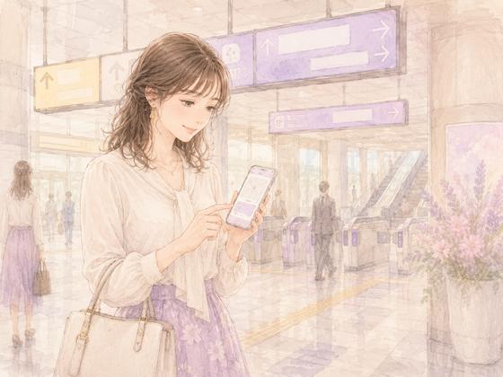 初デートの待ち合わせ場所と店の予約時間をスマートフォンで確認する女性