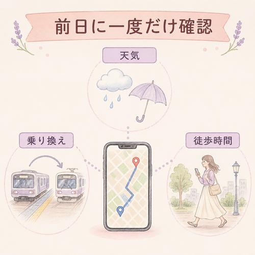 初デート前日に天気、乗り換え、徒歩時間を確認するポイントをまとめた図