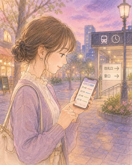 初デート前に帰りの電車と帰宅時間をスマートフォンで確認する女性