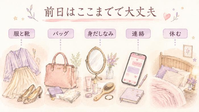 初デート前日に準備する服と靴、バッグ、身だしなみ、連絡、睡眠をまとめた図