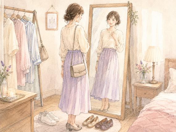 初デート前日に鏡の前で着慣れた服と歩きやすい靴を選ぶ女性