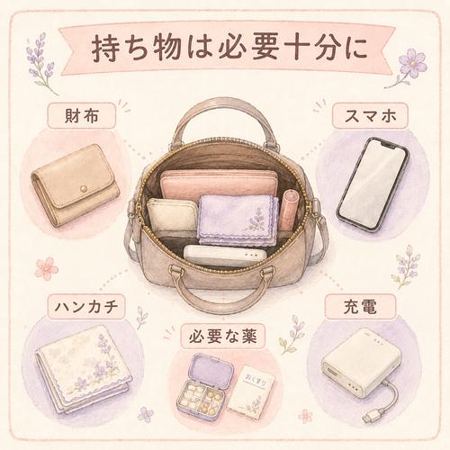 初デートのバッグに入れる財布、スマートフォン、ハンカチ、薬、モバイルバッテリーを整理した図