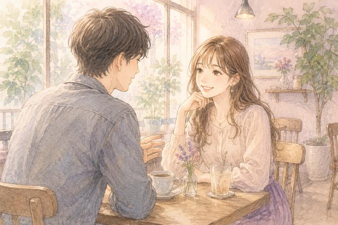 カフェで自然に会話しながら初デートを楽しむ男女