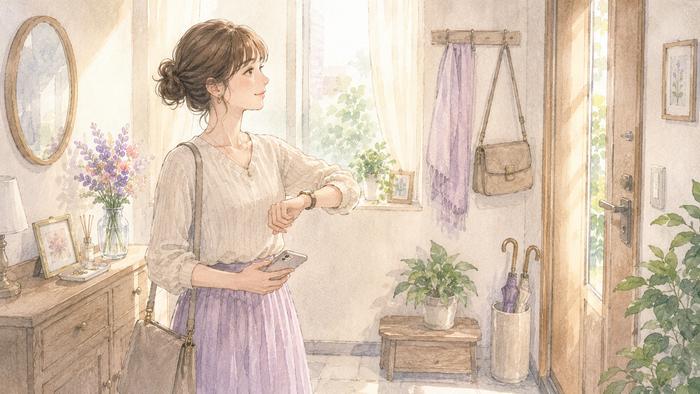 初デート当日の朝に支度を終え、落ち着いて出発しようとしている女性