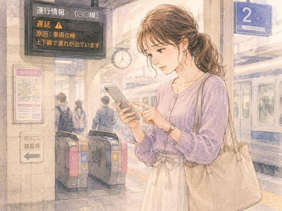 電車の遅れに気づき、初デート相手へ短い連絡を送る女性