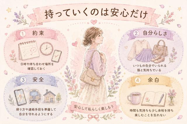 初デート準備で大切な約束、自分らしさ、安全、余白の4つをまとめた図