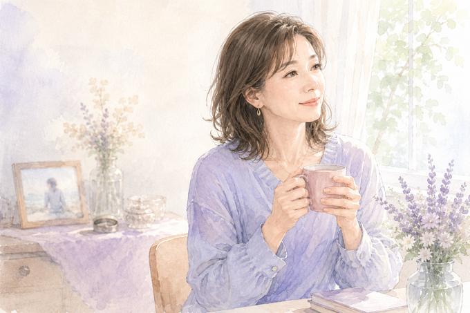 思い出を抱えながらも穏やかな日常へ戻り始める女性のイラスト