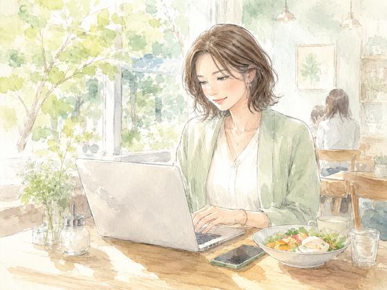 仕事や食事など自分の時間を取り戻し始めた女性の一日を描いたイラスト