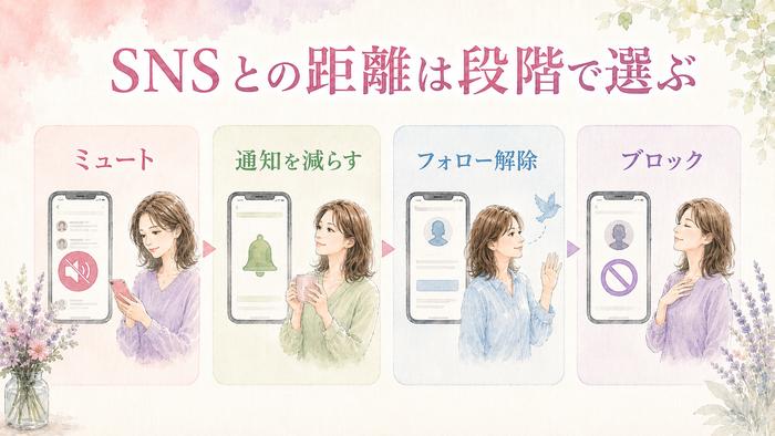 元彼のSNSとの距離を段階的に調整する方法を示した図解