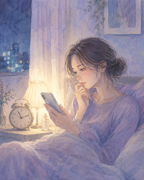 夜に元彼のSNSを検索しそうになりスマホを見つめる女性のイラスト
