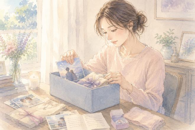 元彼との写真やプレゼントを箱にまとめて保管する女性のイラスト
