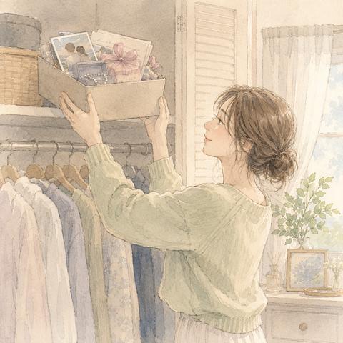 写真や手紙を箱にまとめてクローゼットへしまう女性のイラスト