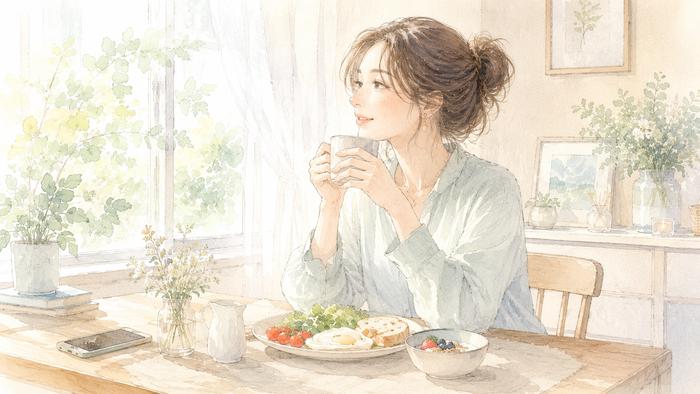 朝の光の中で朝食をとり自分の生活を整え始める女性のイラスト