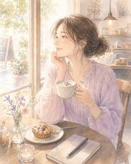 初めて入るカフェで小さな新しい時間を楽しむ女性のイラスト
