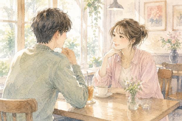 新しい相手と自然な会話を楽しみながら自分の気持ちを確かめる女性のイラスト