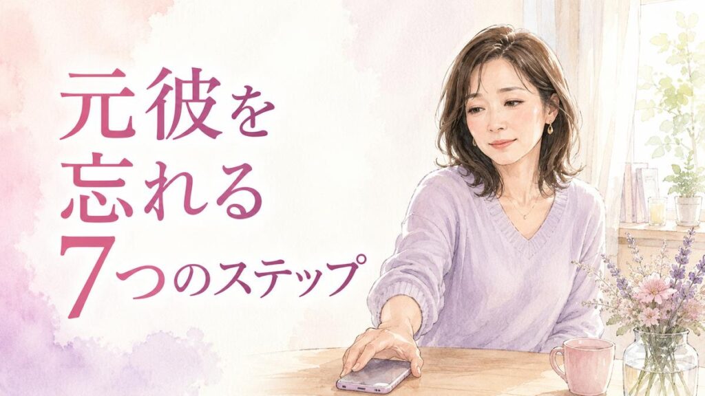 元彼との思い出が残るスマホをそっと伏せ、自分の時間を取り戻そうとする女性のイラスト