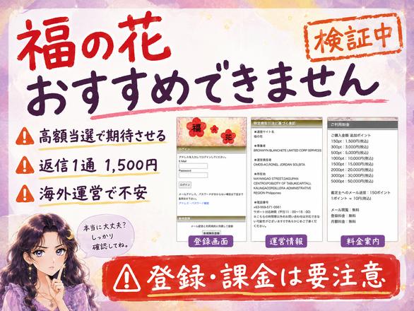 福の花の高額当選を期待させる鑑定、返信1通1,500円、海外運営などの注意点をまとめた検証画像