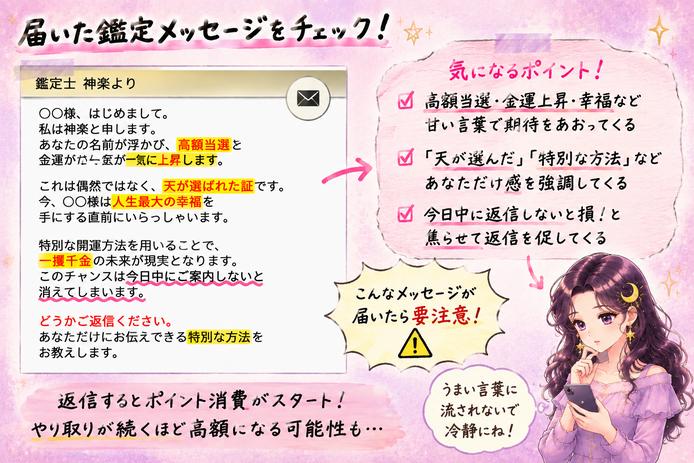 福の花から届く高額当選や人生最大の幸福などの甘い鑑定文と、特別扱いによる返信誘導を検証した画像