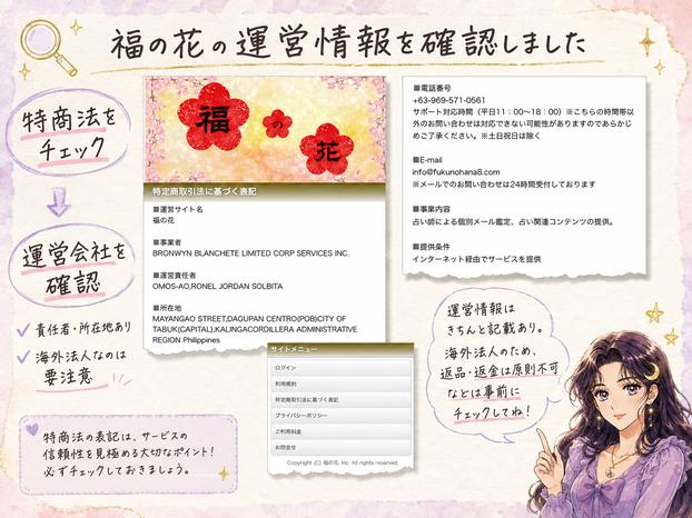福の花の特定商取引法ページから運営会社、責任者、フィリピンの所在地と連絡先を確認した画像