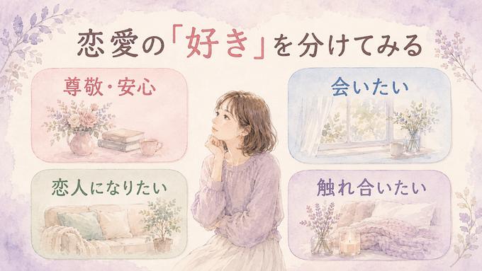 尊敬や安心、会いたい気持ち、恋人になりたい気持ち、触れ合いたい気持ちを分けて示した図