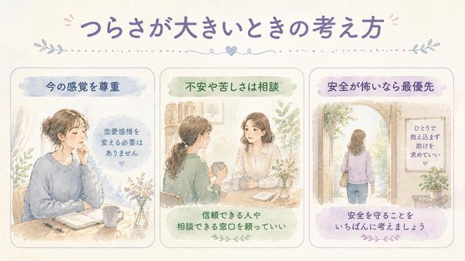 恋愛感情を変える必要はなく、つらさの相談と安全の確保を分けて考える図