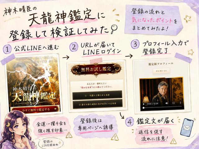 神木晴臣の天龍神鑑定で公式LINE追加後にURLを開き、LINEログインとプロフィール入力を行う登録手順を示した検証画像