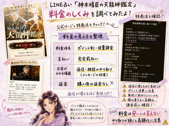 神木晴臣の天龍神鑑定がポイント制の従量課金で、返信のたびに料金が増え高額化する可能性を特商法の記載とともに整理した画像
