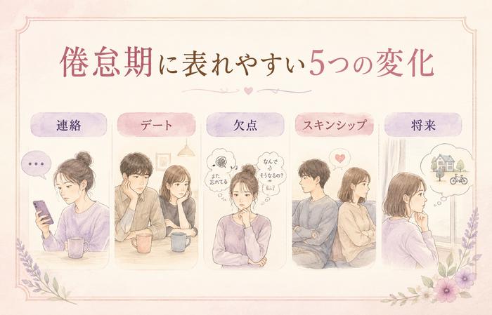 倦怠期に表れやすい連絡やデートなど5つの変化を示した図