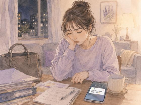 仕事で疲れて帰宅し恋人へのLINE返信ができない女性