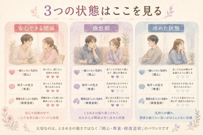安心できる関係と倦怠期と冷めた状態を比較した図